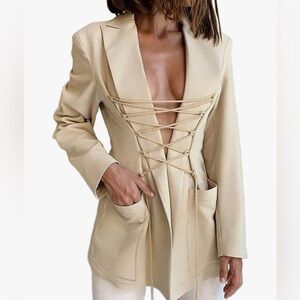 Elegant Beige Lace-Up Women's Blazer